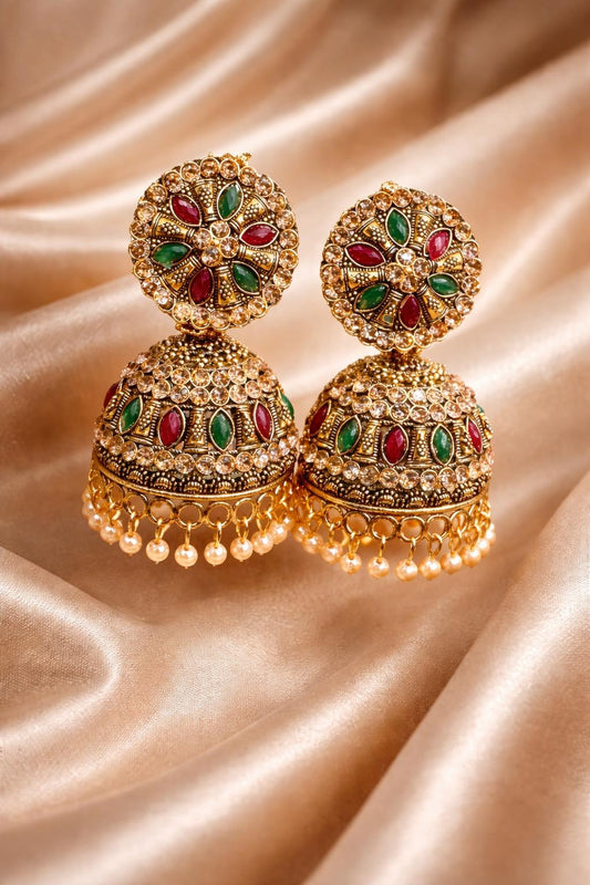 ✨Exquisite Gold-Plated Jhumka Earrings with Kundan & Pearl Drops✨