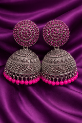 ✨ Elegant Oxidized Silver Jhumka Earrings with Stone Stud✨