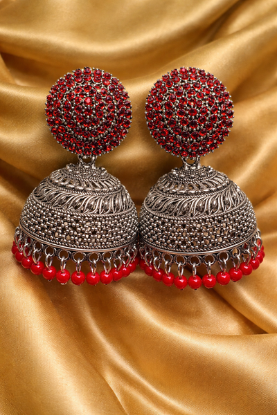 ✨ Elegant Oxidized Silver Jhumka Earrings with Stone Stud✨