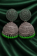 ✨ Elegant Oxidized Silver Jhumka Earrings with Stone Stud✨
