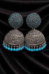 ✨ Elegant Oxidized Silver Jhumka Earrings with Stone Stud✨