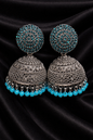 ✨ Elegant Oxidized Silver Jhumka Earrings with Stone Stud✨