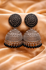 ✨ Elegant Oxidized Silver Jhumka Earrings with Stone Stud✨